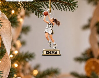 Custom Female Basketball Player Jump Shot Sports Uniform Bauble, Women Athlete Court Competitor Keepsake Pendant, Gift for Daughter