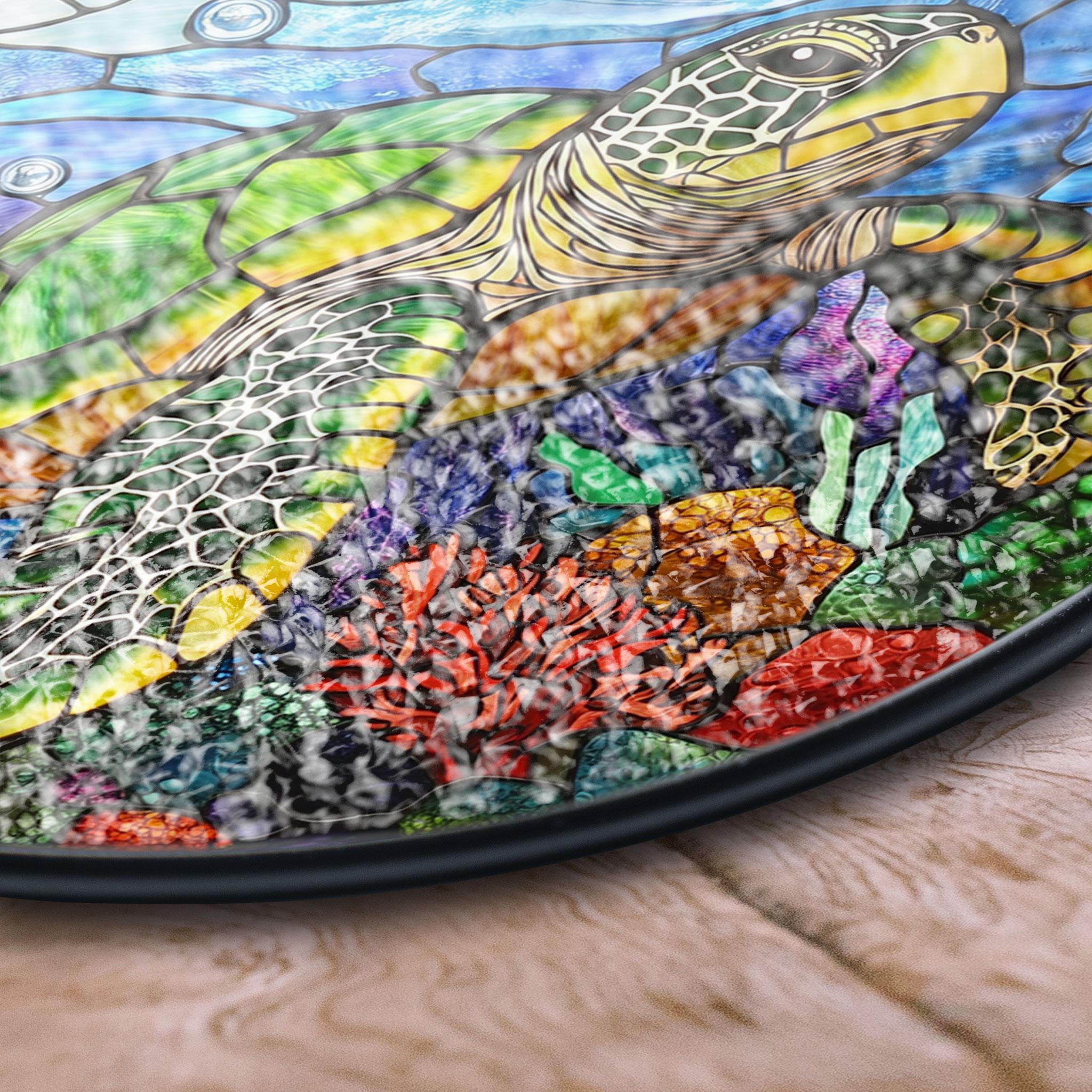 ウミガメのステンドグラスパネル - 鮮やかな水中サンゴ礁デザインの