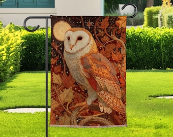 Bandera de jardín con búho, búho común con luna y estrellas, decoración de jardín con hojas de otoño, bandera de lona con temática de bosque otoñal, regalo para la decoración del porche exterior.
