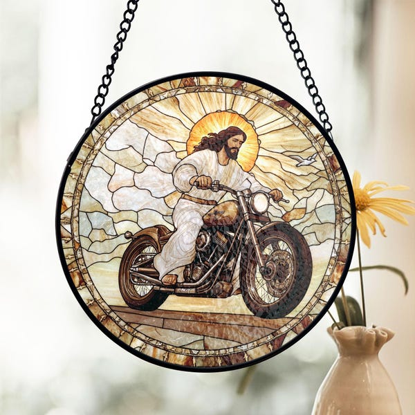 Jesus Motorcycle Stained Glass Suncatcher, Funny Window Decor, Christian Biker Art, Gift for Dad, Father's Day Gift, Motorcycle Lover Gift