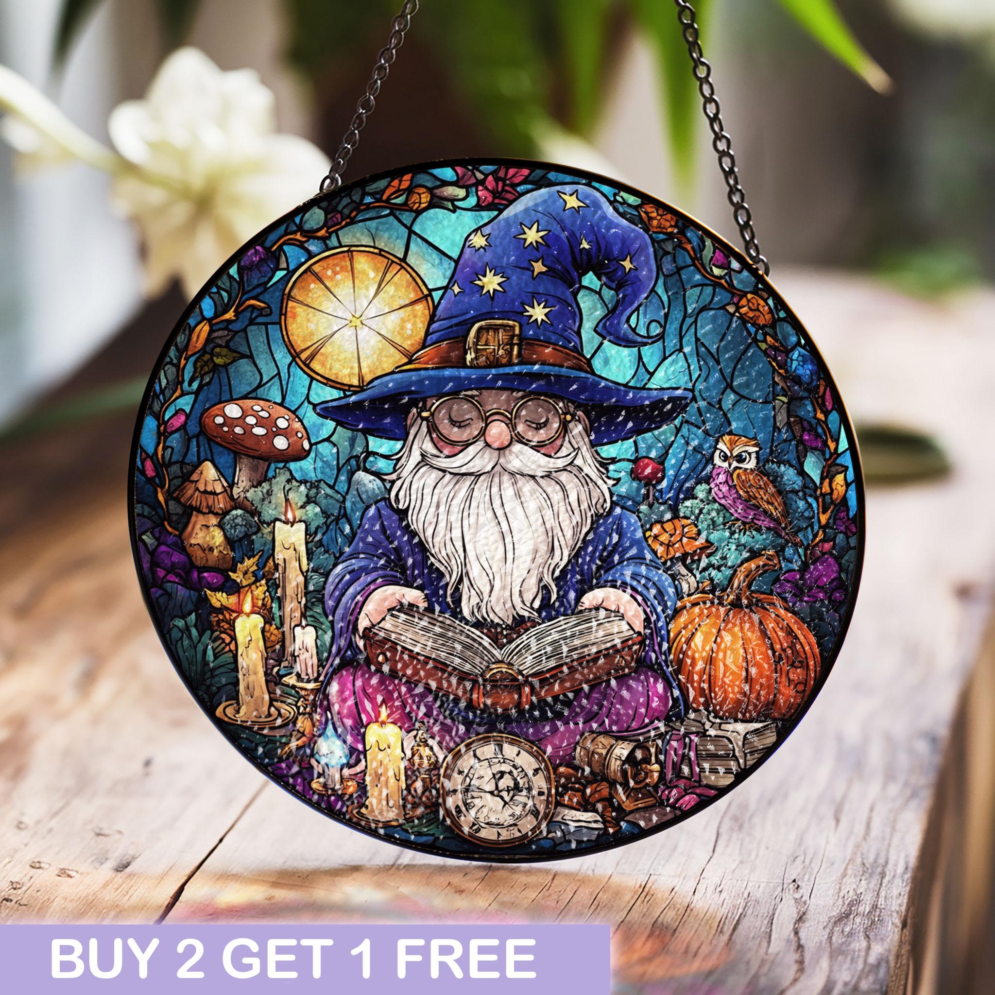 魔法使いのステンドグラスサンキャッチャー、魔法の本の風景装飾