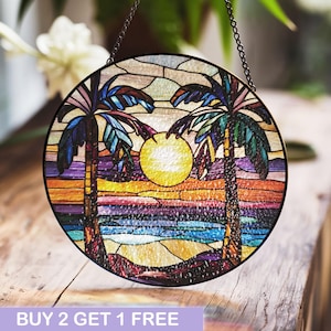 Tropical Sunset Stained Glass Panel with Palm Trees for Window or Wall Decoration