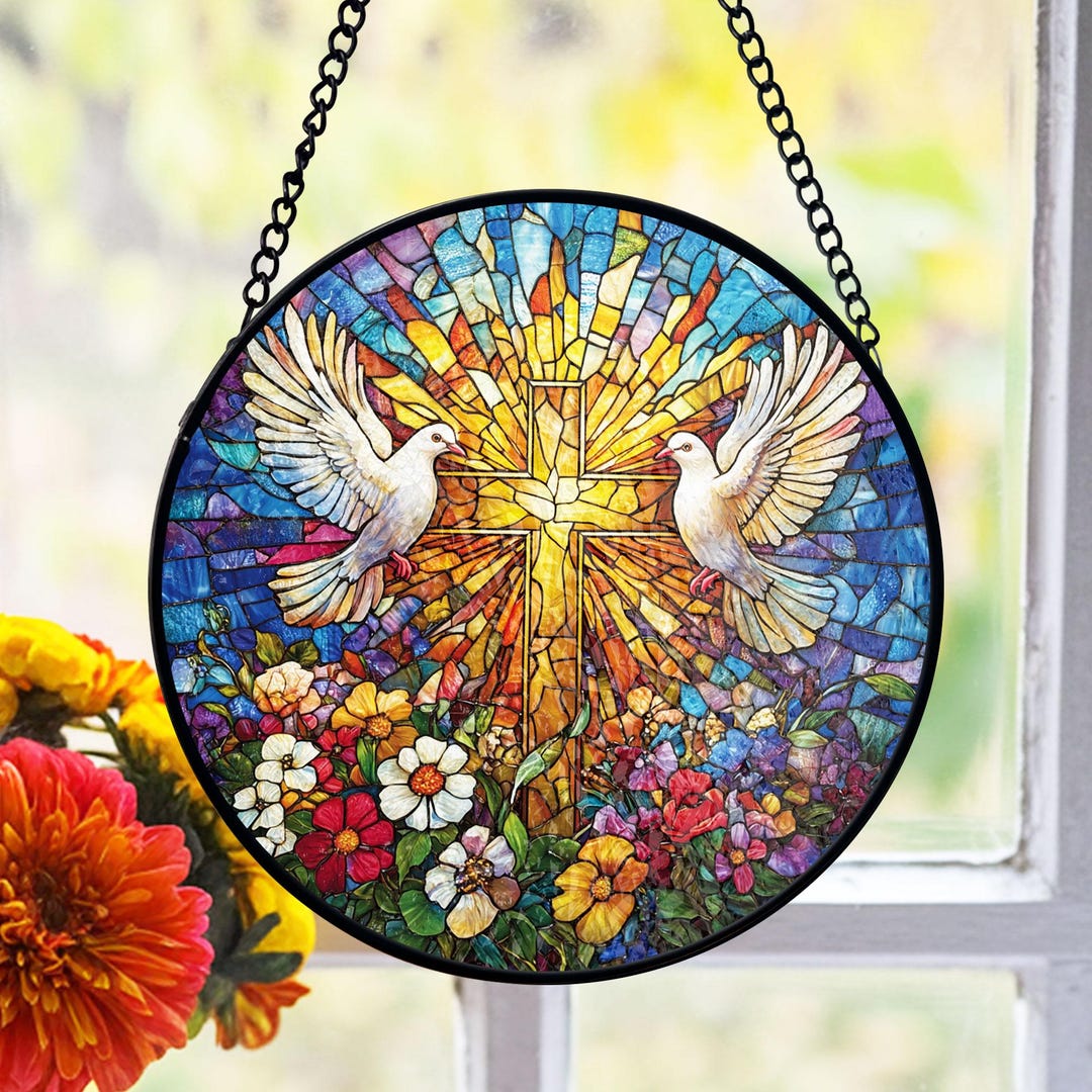 Christian Cross Stained Glass Suncatcher, Radiant Doves Window Hanging ...