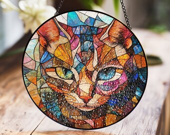 ステンドグラスの猫と魚、カラフルなサンキャッチャー、ステンドグラス