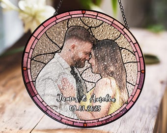 Personalized Couple Photo Stained Glass Panel with Names and Date, Perfect Valentine's Day, Anniversary, or Wedding Gift