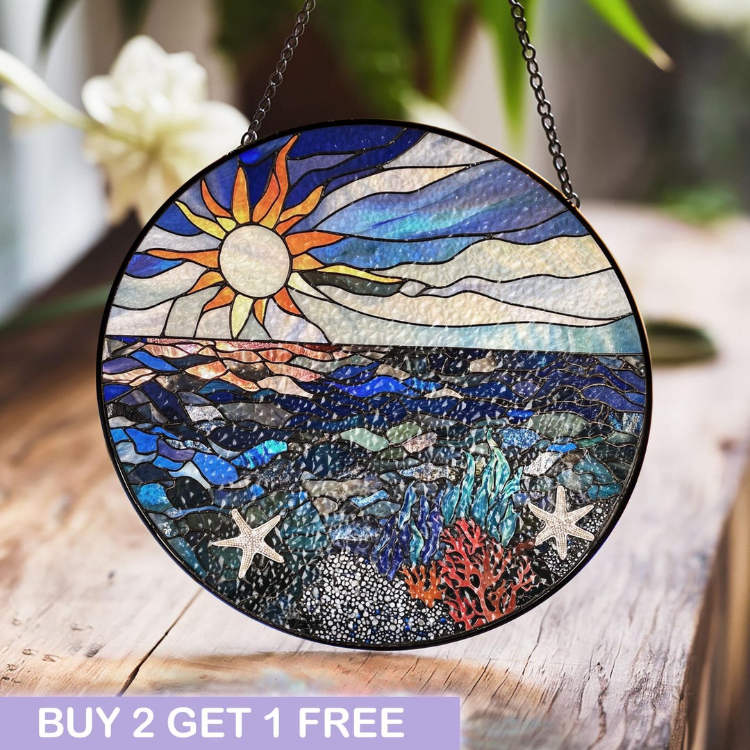Ocean Sunset Stained Glass Window Hanging With Starfish and Coral ...