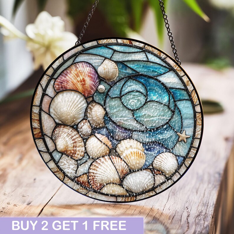 Seashell With Ocean Shell Stained Glass Suncatcher, Beach Window Decor ...