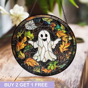 Gebrandschilderd glas grappige geest Suncatcher, grappig Halloween-gebrandschilderd glas, spookachtig huisdecor, heks raam hangen, horrorkunst, herfstmuurdecor