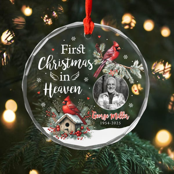 Decorazione per il primo Natale in Paradiso, design commemorativo con foto personalizzata, tema cardinale, materiale in vetro, ricordo di famiglia, regalo di condoglianze
