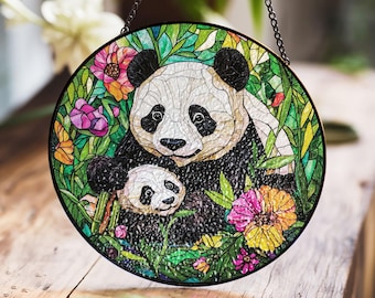 Panda Bears, Blossoms & Pagoda Leaded Stained Glass Window Panel
