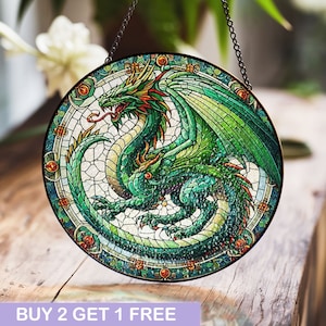 Majestic Green Dragon Stained Glass Art – Fantasy Window Decor for Dragon Lovers and Gothic Home Decor