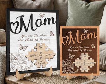 Personalized Mom Puzzle Frame, Custom Family Name Frame, Mother’s Day Gift for Mom, Floral Wooden Keepsake Decor