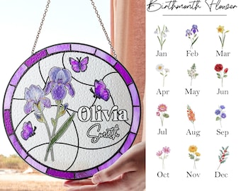 Vitral personalizado con flores del mes de nacimiento, decoración floral para el hogar con flores de nacimiento, atrapasoles de flores, regalo para ella, regalo de cumpleaños