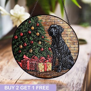 Black Labrador Christmas Stained Glass with Tree and Gifts