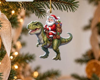 Custom Santa Riding Green Dinosaur T-Rex Gift Sack Bauble, Unique Funny Dino Holiday Keepsake Pendant, Gift for Son