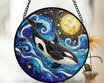 シャチのステンドグラスサンキャッチャー、天空の海の窓掛け、星空の海
