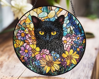 ステンドグラスの黒猫の花のサンキャッチャー、トラ猫のステンドグラス