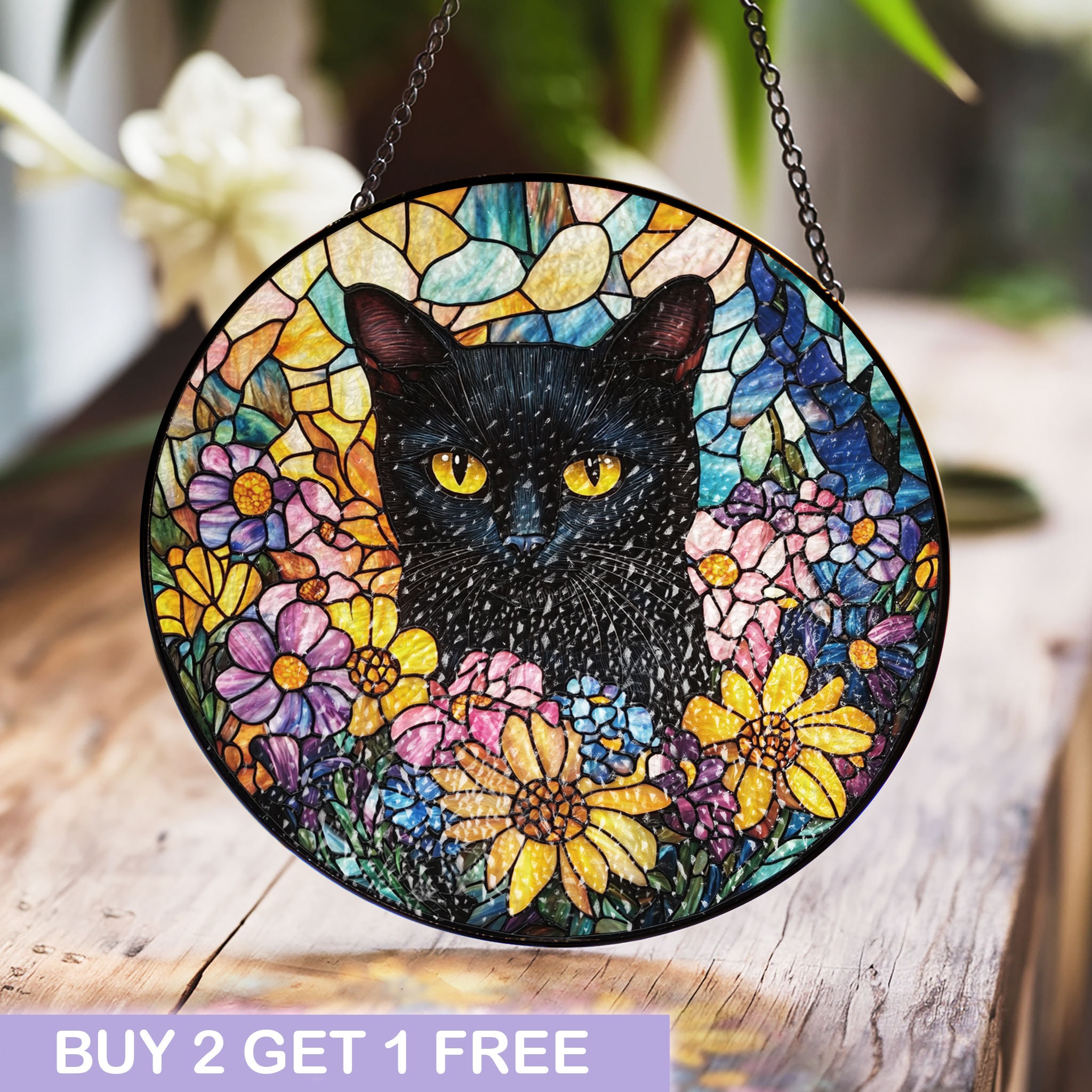 ステンドグラスの黒猫の花のサンキャッチャー、トラ猫のステンドグラス