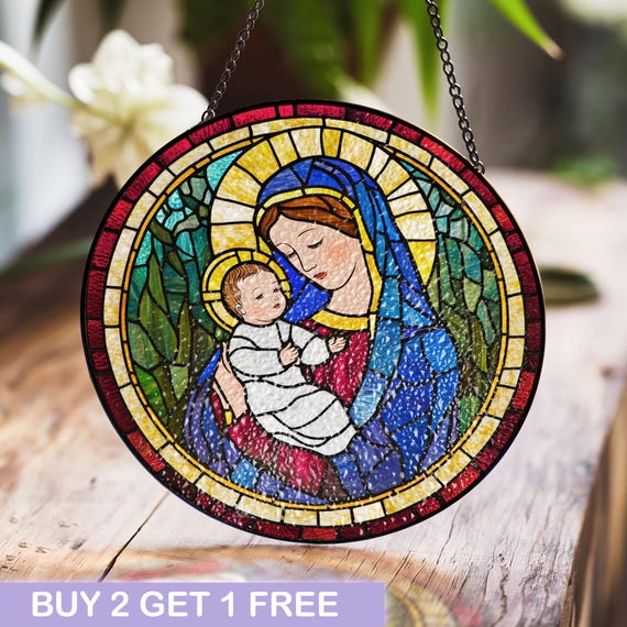 聖母マリアと子供のステンドグラスアート - 家や教会の装飾に最適な