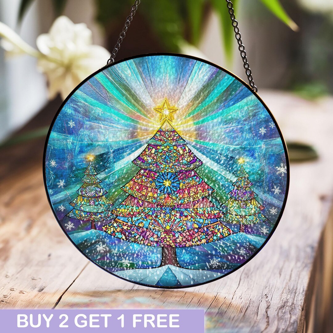Festive Stained Glass Christmas Tree Suncatcher - Vibrant Holiday Decor ...