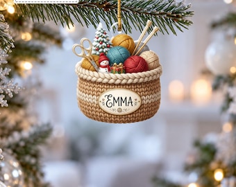 Custom Colorful Yarn Balls Basket Knitting Needles Tree Bauble, Seamstress Crochet Hobby Craft Pendant, Gift for Grandma