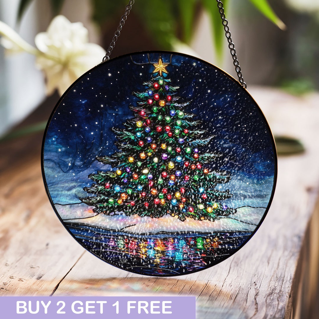 Christmas Tree Stained Glass Suncatcher, Holiday Window Art, Colorful ...