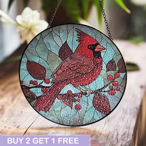 Vitral con forma de cardenal para colgar en la ventana: hermoso arte con pájaros rojos para amantes de la naturaleza y decoración del hogar