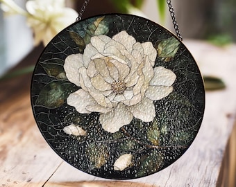 Panel de vidrieras de magnolia blanca, elegante arte floral para ventanas.