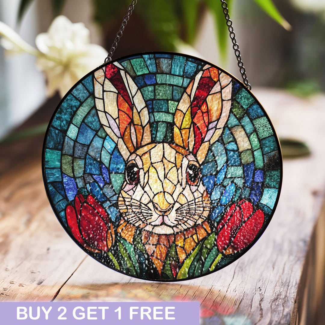 Stained Glass Rabbit Panel - Vibrant Bunny With Red Tulips and Colorful ...