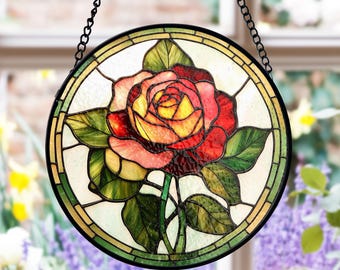 Rose Stained Glass Suncatcher, Elegant Floral Window Decor, Romantic Flower Theme, Art Glass Panel, Gift for Mom, Mother's Day Gift