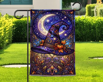 Mystic Witch Hat Garden Flag For Halloween, Moon And Stars Yard Flag, Floral Magic Outdoor Flag, Wiccan Spooky Porch Decor