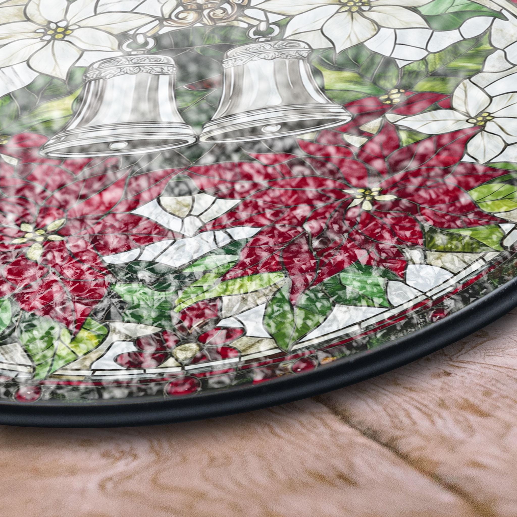 エレガントなクリスマスベルとポインセチアのステンドグラスパネル