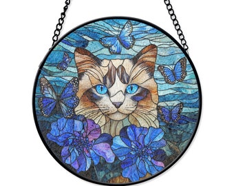 青い目の猫と蝶と花のステンドグラスアート - 気まぐれな猫の自然風景