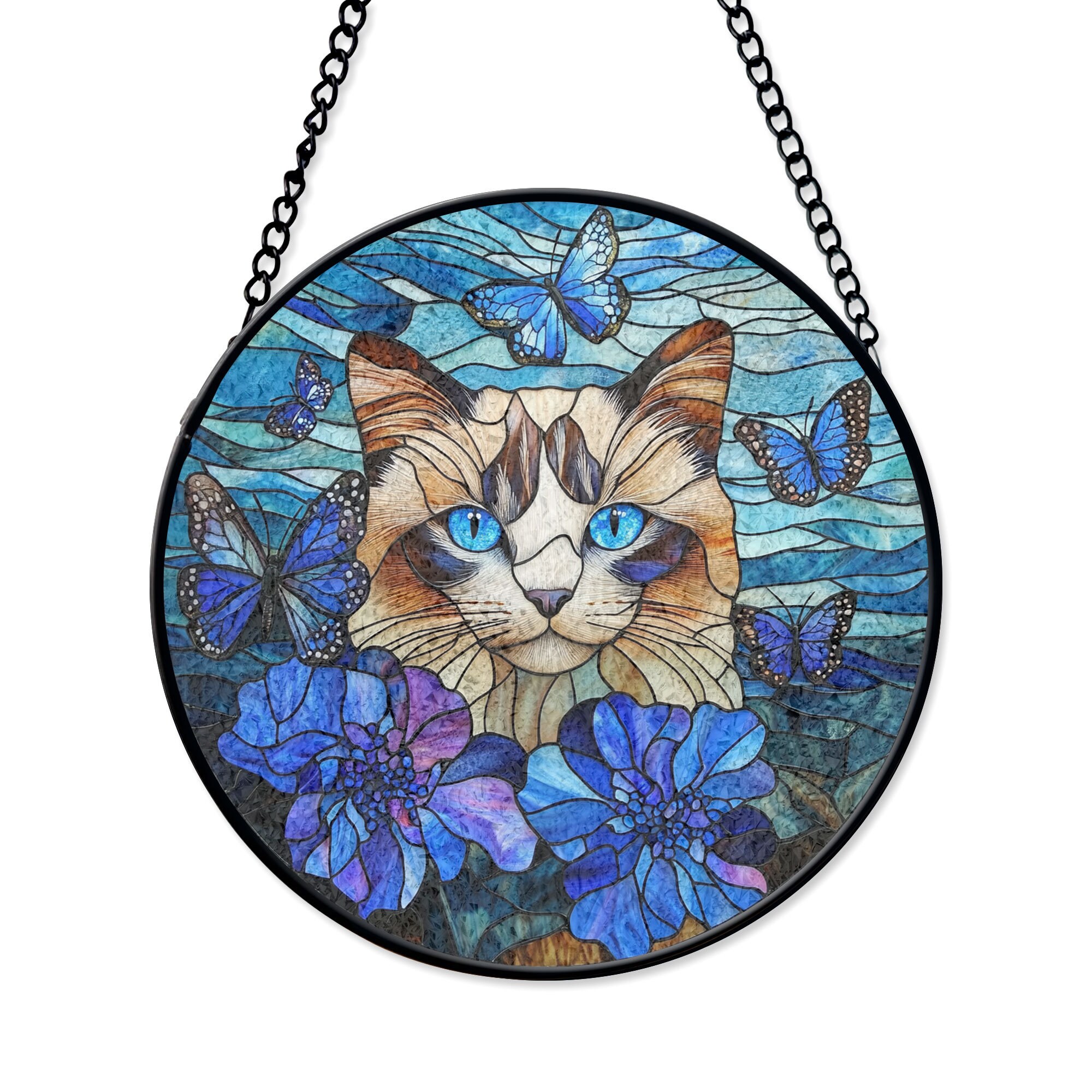 青い目の猫と蝶と花のステンドグラスアート - 気まぐれな猫の自然風景