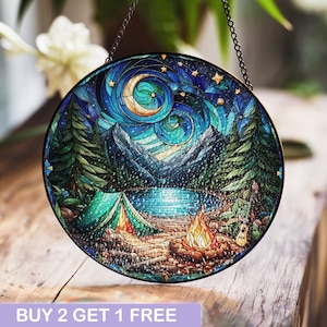 Starry Night Camping Stained Glass Art – Scenic Nature Window Decor with Mountains, Lake, and Campfire Under the Stars
