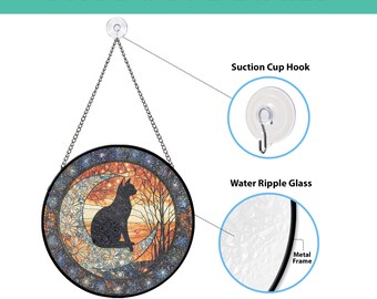 天空の黒猫のステンドグラス - 三日月と花の夜空を飾ったユニークな窓