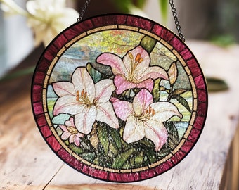 Glasmalerei-Lilienblume als Sonnenfänger – Elegante rosa-weiße Fensterkunst für Haus- und Gartendekoration