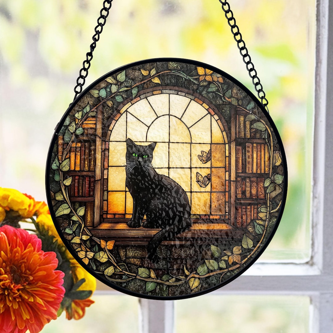 Black Cat Stained Glass Suncatcher Window Decor, Reading Nook Art for ...
