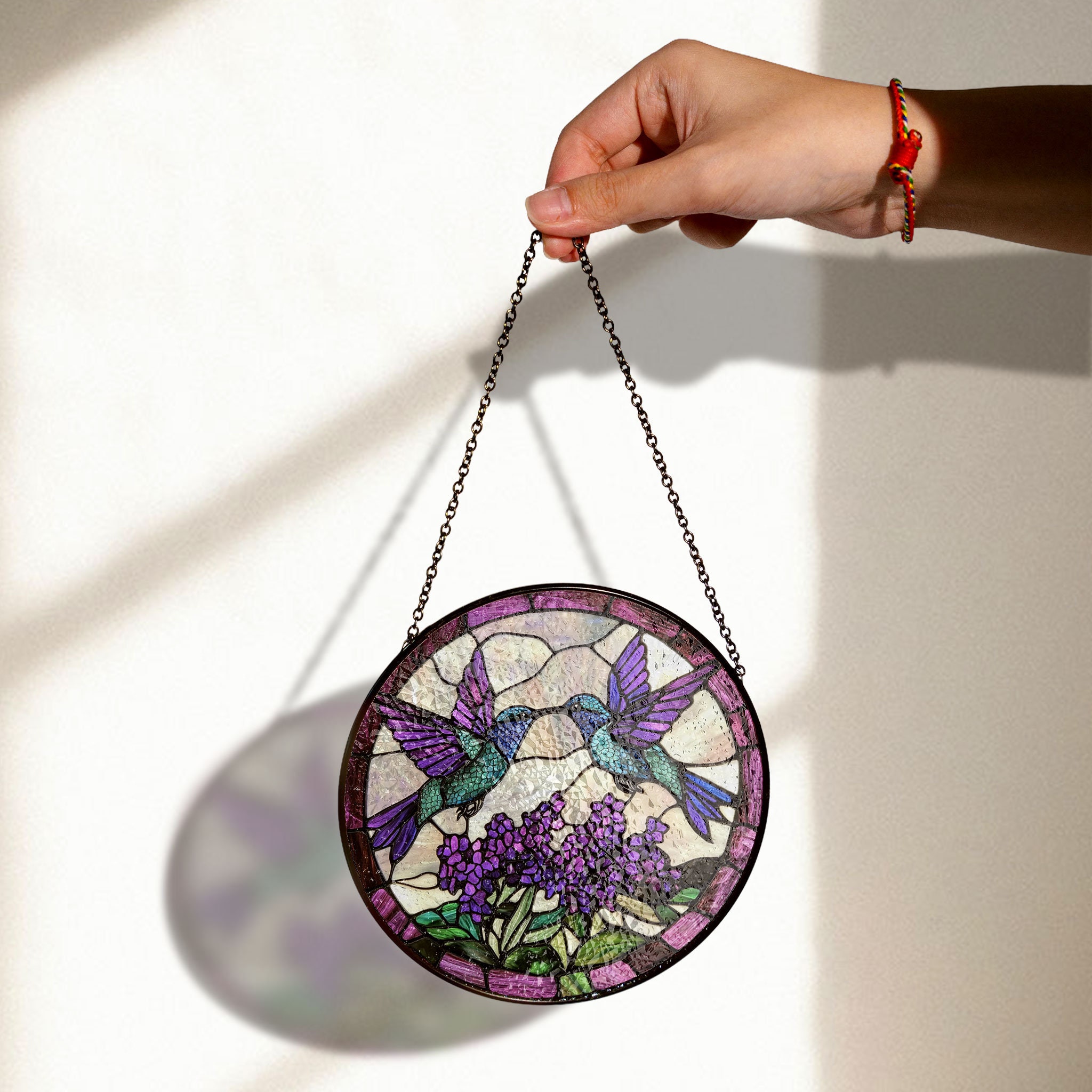 Acchiappasole In Vetro Colorato Viola Con Colibrì, Uccelli E Fiori, Dipinto A Mano, 15 Cm, Regalo Per Finestra Per Amanti Della Natura