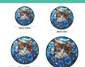 鮮やかな青い猫と蝶と花のステンドグラスアート - 自然をモチーフに