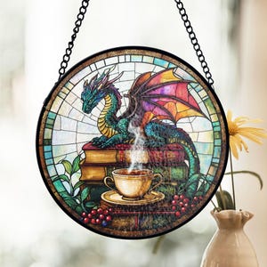 Dragon Stained Glass Suncatcher, Fantasy Book Lover Gift, Coffee Art Window Hanging, Colorful Home Decor, Mythical Dragon Gift