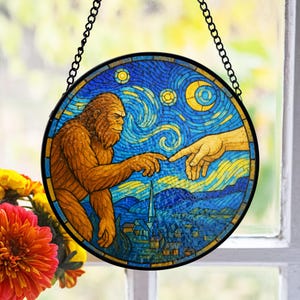 Bigfoot Stained Glass Suncatcher, Starry Night Parody Wall Decor, Mythical Art Style, Funny Gift for Him, Cryptid Fan Home Accent