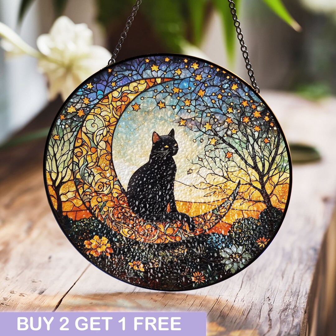 Stained Glass Black Cat on Crescent Moon - Mystical Night Sky Window ...