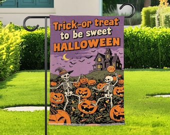 Trick-Or-Treat To Be Sweet Halloween Garden Flag, Cute Skeleton Pumpkin Yard Flag, Haunted House Fall Decor Flag, Spooky Porch Sign