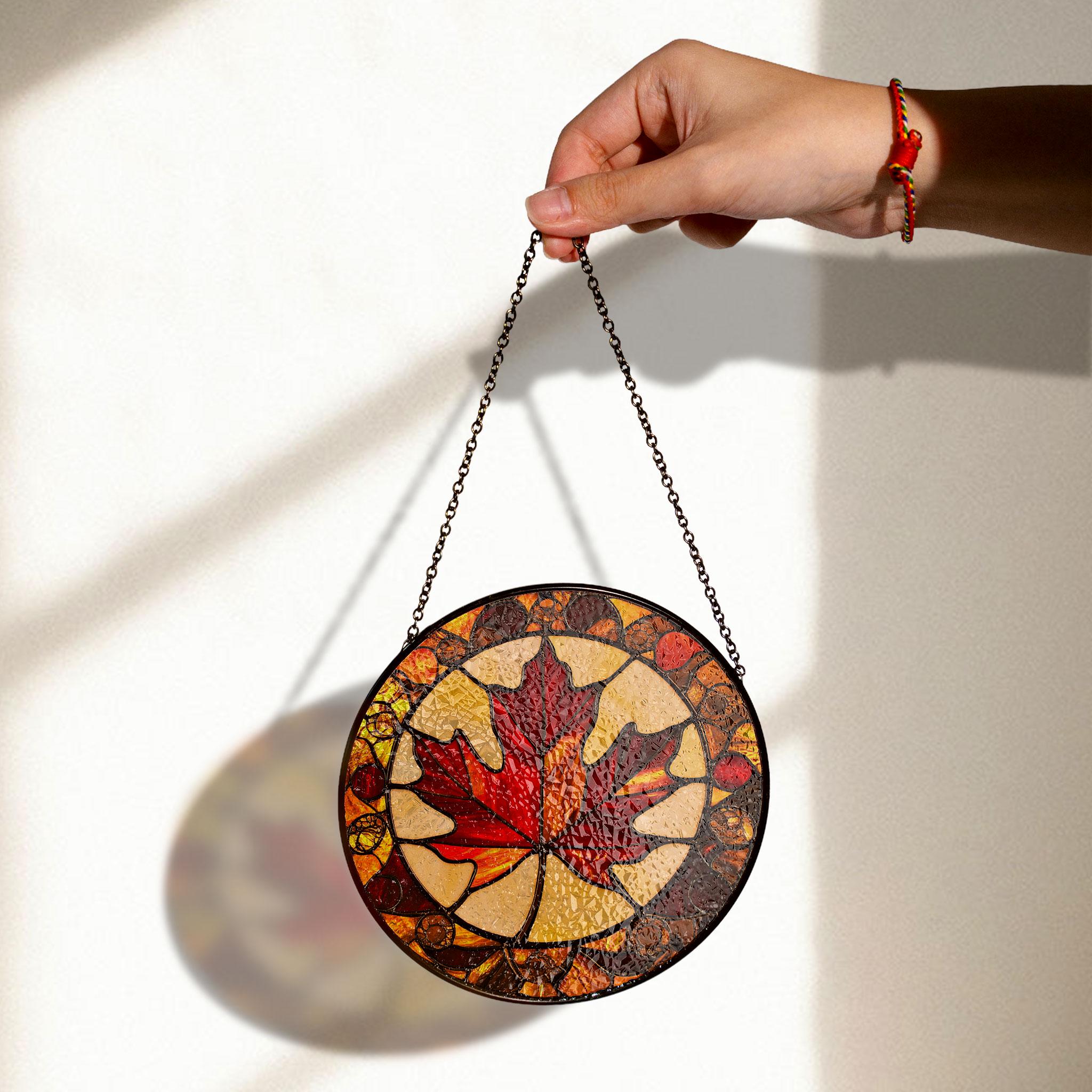 Vetro colorato autunnale da appendere, 20 cm, foglie d'acero