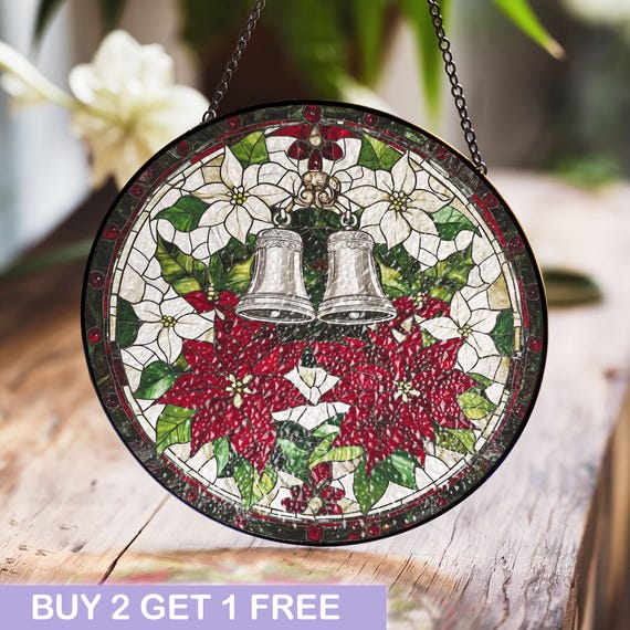 ステンドグラスパネル　　ポインセチア エレガントなクリスマスベルとポインセチアのステンドグラスパネル