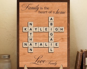 Custom Family Crossword Frame, Personalized Scrabble Name Sign, Family Quote Wall Art, Housewarming Gift, Unique Family Decor