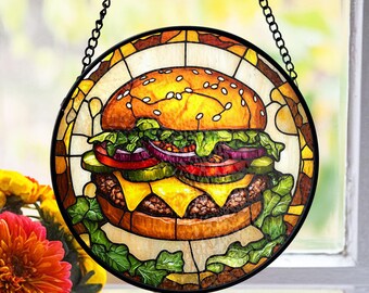 ステンドグラスのバーガーサンキャッチャー：手作りのグルメダイナーの