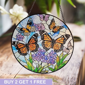 Atrapasol con forma de mariposa monarca en vitrales: arte floral colorido para colgar en la ventana para amantes de la naturaleza