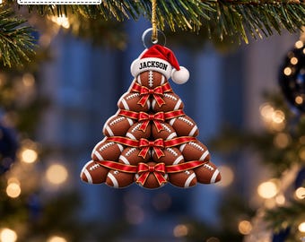 Custom American Football Stacked Christmas Tree Ribbon Bow Bauble, Sports Player Fan Keepsake Pendant, Gift for Coach